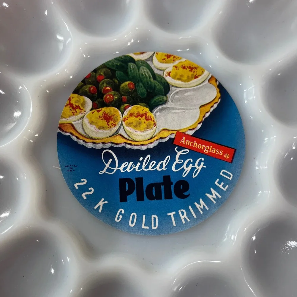 Vtg Anchor Hocking Anchorglass Milk Glass Deviled Egg Plate 22K Gold Trim 10